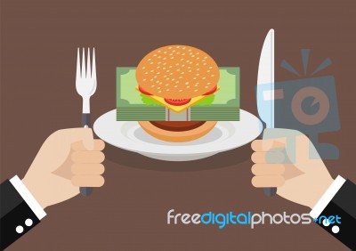 Man Prepare To Eat Burger With Money Stock Image