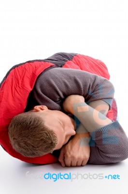 Man Resting In Sleeping Bag Stock Photo