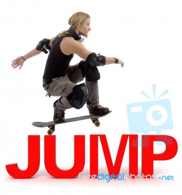 Man Skater Jumping Over Text Stock Photo