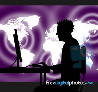 Man Using Internet Shows Web Site And World Stock Image