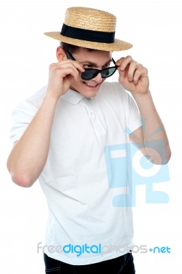 Man Wearing Sunglasses And Hat Stock Photo