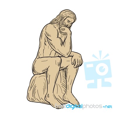 Man With Beard Sitting Thinking Drawing Stock Image