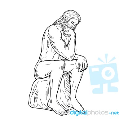 Man With Beard Sitting Thinking Drawing Black And White Stock Image