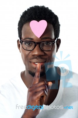 Man With Paper Heart On Forehead Stock Photo