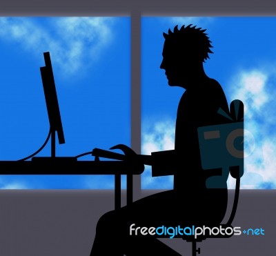 Man Working Online Indicates Web Site And Computer Stock Image