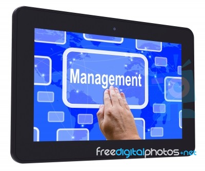 Management Tablet Touch Screen Shows Managing  And Leadership Stock Image
