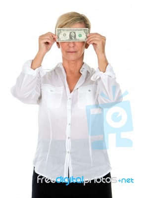 Manager Woman Holding Banknote Covering Her Eyes Stock Photo