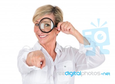 Manager Woman Looking Through Magnifying Glass Stock Photo