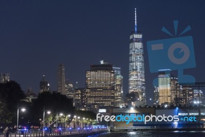 Manhattan Skyline At Night Stock Photo