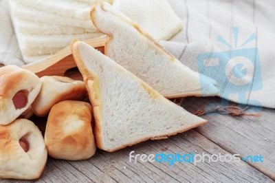 Many Breads On Wooden Stock Photo