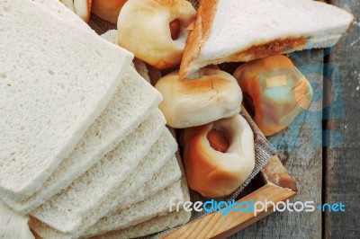 Many Breads On Wooden Stock Photo