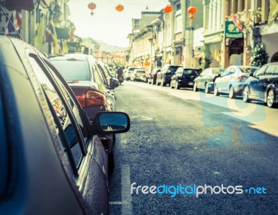 Many Cars Parking On The Road In Old Town Of Phuket Stock Photo
