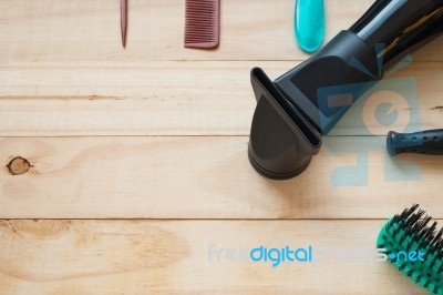 Many Type Of Comb With Hair Dryer Stock Photo