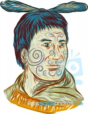 Maori Chieftain Warrior Head Drawing Stock Image