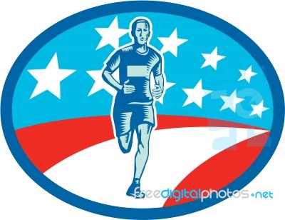 Marathon Runner Usa Flag Oval Woodcut Stock Image