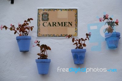 Marbella, Andalucia/spain - July 6 : Blue Flowerpots On A Wall I… Stock Photo