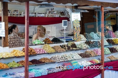 Market Stall Selling Confectionery In Budapest Stock Photo