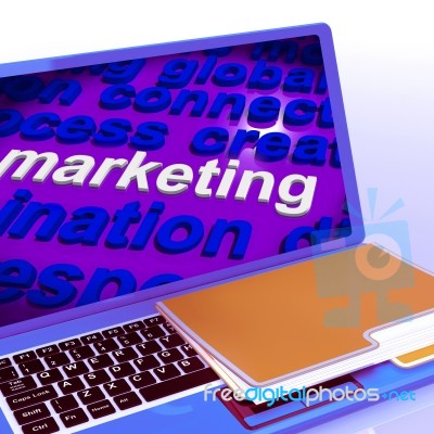 Marketing In Word Cloud Laptop Means Market Advertise Sales Stock Image