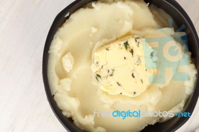 Mashed Potato With Butter Herb Thyme Rosemary Closeup Stock Photo