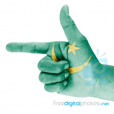 Mauritania Flag On Shooting Hand Stock Photo
