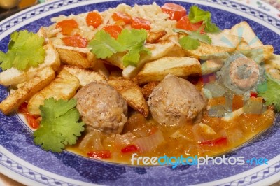 Meat Balls With Rice And Potatoes Stock Photo