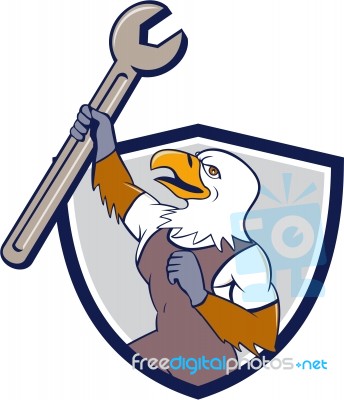 Mechanic Bald Eagle Spanner Crest Cartoon Stock Image