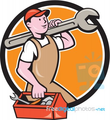 Mechanic Carrying Spanner Toolbox Circle Cartoon Stock Image