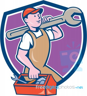 Mechanic Carrying Spanner Toolbox Crest Cartoon Stock Image