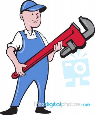 Mechanic Cradling Pipe Wrench Cartoon Stock Image