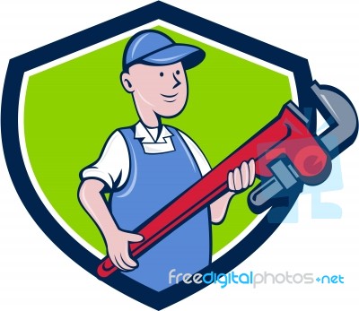 Mechanic Cradling Pipe Wrench Crest Cartoon Stock Image