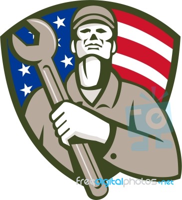 Mechanic Holding Wrench Usa Flag Shield Retro Stock Image