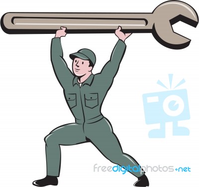 Mechanic Lifting Spanner Wrench Cartoon Stock Image