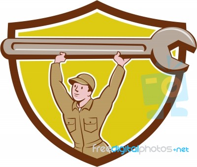 Mechanic Lifting Spanner Wrench Crest Cartoon Stock Image