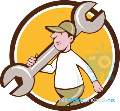 Mechanic Monkey Wrench Walking Circle Cartoon Stock Image