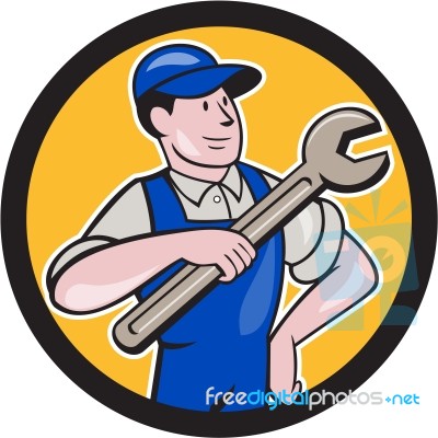 Mechanic Pointing Spanner Wrench Circle Cartoon Stock Image