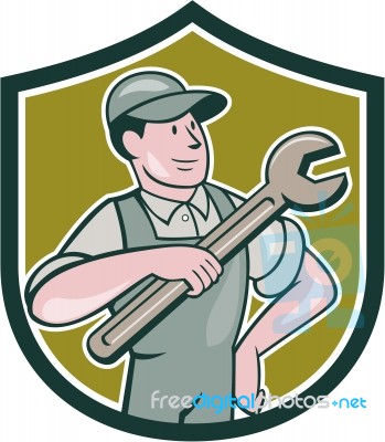 Mechanic Pointing Spanner Wrench Shield Cartoon Stock Image