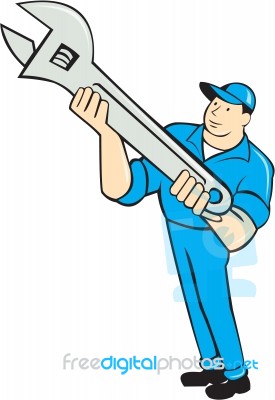 Mechanic Presenting Spanner Wrench Cartoon Stock Image
