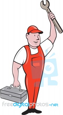 Mechanic Raising Wrench Holding Toolbox Cartoon Stock Image