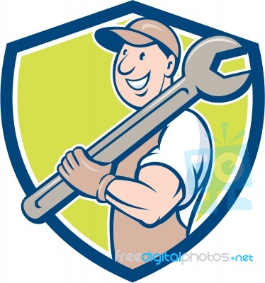 Mechanic Smiling Spanner Standing Crest Cartoon Stock Image