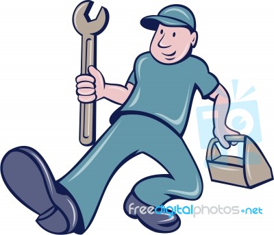 Mechanic Spanner Foot Forward Cartoon Stock Image