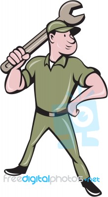 Mechanic Wielding Spanner Cartoon Stock Image