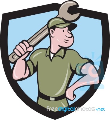 Mechanic Wielding Spanner Crest Cartoon Stock Image