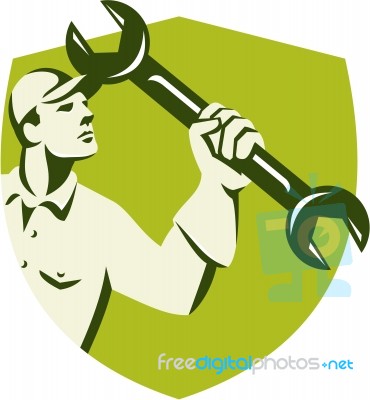 Mechanic Wielding Spanner Wrench Shield Retro Stock Image