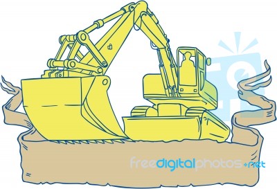 Mechanical Digger Excavator Ribbon Scroll Drawing Stock Image