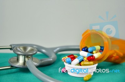 Medicine And Stethoscope In Diagnosis And Medicine Treatment Con… Stock Photo