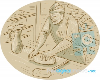 Medieval Baker Kneading Bread Dough Oval Drawing Stock Image