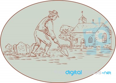 Medieval Grave Digger Shovel Oval Drawing Stock Image