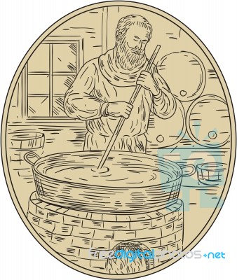 Medieval Monk Brewing Beer Oval Drawing Stock Image