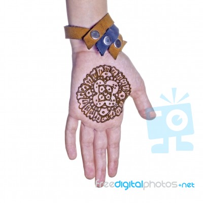 Mehendi Or Henna Tatoo On The Female Hands In Bracelets Isolated… Stock Photo