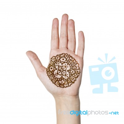 Mehendi Or Henna Tatoo On The Female Hands In Bracelets Isolated… Stock Photo